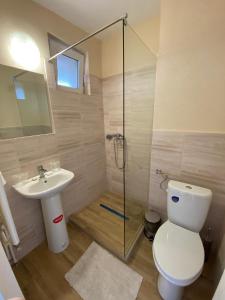 a bathroom with a toilet and a sink and a shower at Motel Dacia in Sebeş