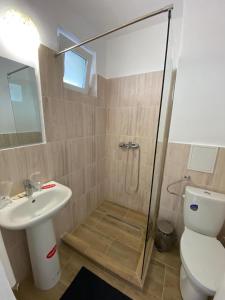 塞貝什的住宿－Motel Dacia，带淋浴、卫生间和盥洗盆的浴室