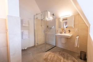 a bathroom with a glass shower and a sink at Residenz - Wellenreiter - Penthouse - Sauna - Parkplatz in Bad Zwischenahn +30 photos