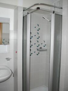 a shower with birds on the wall in a bathroom at Barlangia (255 He) in Valbella