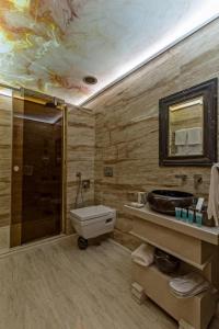 ein Bad mit einem WC, einem Waschbecken und einer Dusche in der Unterkunft Aqua Hotel in Tbilisi City