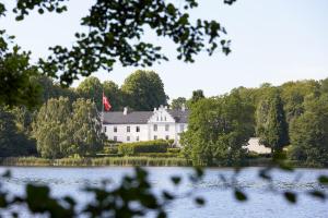 a large white house with a flag on top of a lake at Dallund Slot in Søndersø