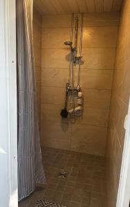 a shower in a bathroom with a tiled floor at Hede suvemajad/summer houses in Pärnu