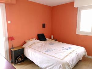 ein Schlafzimmer mit einem großen Bett mit orangefarbenen Wänden in der Unterkunft Appart T3 Spacieux + Terrasse in Montpellier