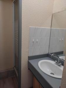 a bathroom with a sink and a mirror at Appartement chaleureux en cœur de station in Laruns