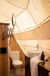 a bathroom with a toilet and a sink in a tent at Comfort Tipi Marie, Tipi Bo Deluxe & tent Nicolaï - 'Glamping in stijl' in Lembeke