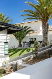 Un patio trasero con palmeras y una casa blanca. en Desert Wonder, en Swakopmund