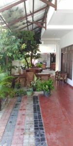 a patio with a lot of plants and benches at Pearl Resort Mirissa in Mirissa