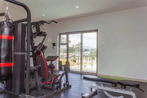 un gimnasio con un saco de boxeo y dos máquinas de correr en Cherrywood Estate Apartment, en Blantyre