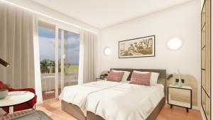 Hotel Foners في بلايا ذي بالما: غرفة نوم بيضاء مع سرير وشرفة