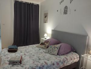 een slaapkamer met een bed met paarse kussens bij L'albatros in Dieppe