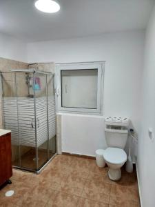 a bathroom with a toilet and a glass shower at Kati's Room in Eilat