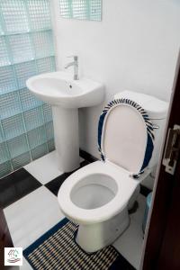 a bathroom with a white toilet and a sink at Likulezi Apartment 1 in Blantyre