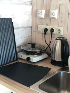 a kitchen counter with a stove and a sink at Liepų pirtis in Miežoniai