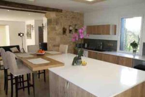 Saint-PompontGîte Le Maine Libre* SPA* Calme et authenticité的一间厨房,在房间内有一个大白岛