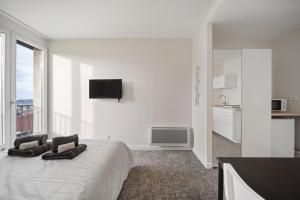 ein weißes Schlafzimmer mit einem großen Bett und einem TV in der Unterkunft Le Mont neuf - Chambres avec cuisine au coeur de la nature type Appart'Hotel in Perrigny