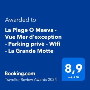 Un certificado, premio, cartel u otro documento en La Plage O Maeva - Vue Mer d'exception - Parking privé - Wifi - La Grande Motte