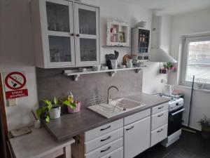 a kitchen with white cabinets and a sink at Penzion a Víno in Břeclav