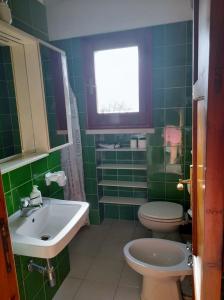 a green bathroom with a sink and a toilet at Villa Porto Giunco in Notteri