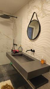 a bathroom with a sink and a mirror on the wall at GP Luxury Apartment in Schönenwerd