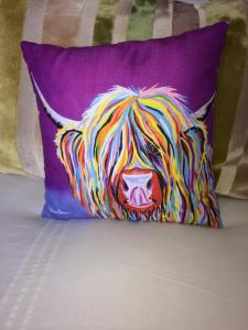 a colorful pillow with a painting of a dog at Ardmorn Holiday Accommodation in Dunvegan