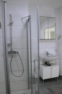 y baño con ducha y lavamanos. en Apartments & Pension Bremen Burglesum, en Bremen