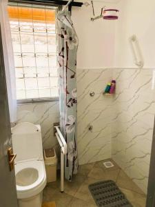 een kleine badkamer met een toilet en een douche bij 3 Bedroom Laneens Nest in Nakuru