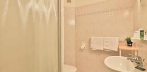 La salle de bains est pourvue d'une douche et d'un lavabo. dans l'établissement Hôtel du Parc, à Draguignan