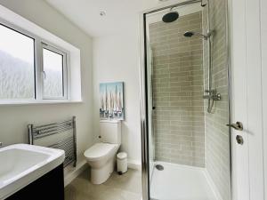 uma casa de banho com um chuveiro, um WC e um lavatório. em Coastal Cottage with hot tub, sleeps 10 em Bacton