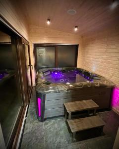 Lubiszewo的住宿－萊茲烏斯​​特尼別墅酒店，客房内的按摩浴缸配有紫色灯