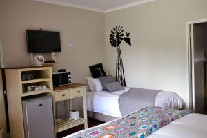 1 Schlafzimmer mit 2 Betten, einem TV und einem Ventilator in der Unterkunft Dilisca Guesthouse in Durbanville