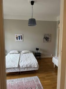 ein Schlafzimmer mit einem Bett und einer Hängeleuchte in der Unterkunft Luxury Apartment In City Centre in Göteborg