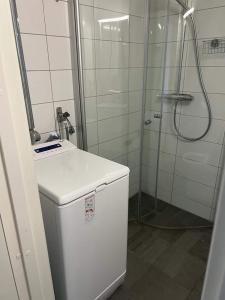 a bathroom with a shower and a white refrigerator at Comfortable Apartment In Cozy Location in Gothenburg