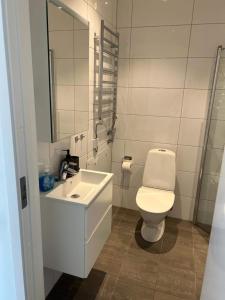 a white bathroom with a toilet and a sink at Private Terrace Apartment in Gothenburg