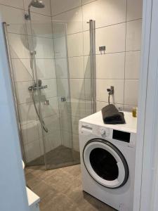 a washing machine in a bathroom with a shower at Private Terrace Apartment in Gothenburg