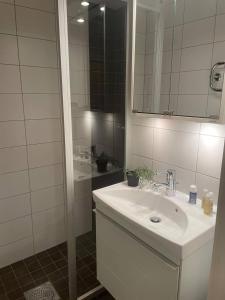 a bathroom with a sink and a mirror and a shower at Luxury Apartment In City Centre in Gothenburg