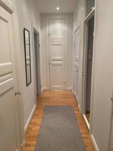 einen Flur mit einer weißen Tür und einem Teppich in der Unterkunft Luxury Apartment In City Centre in Göteborg