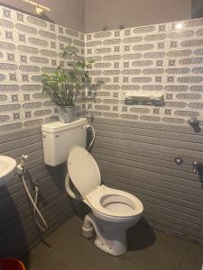 ein Badezimmer mit einem WC und einer Topfpflanze an der Wand in der Unterkunft Vibes of Varkala Homestay in Varkala
