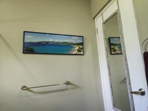 a flat screen tv hanging on a wall next to a mirror at Cozy 1-bedroom apartment in Frequente, St. George 