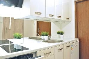 a kitchen with two sinks and two potted plants at Nice and comfy studio close to Old town and metro. in Warsaw