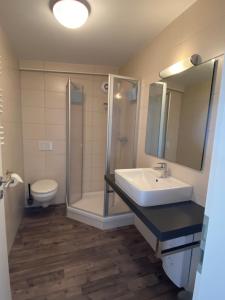 a bathroom with a sink and a shower and a toilet at Küstenbrise 2 in Graal-Müritz
