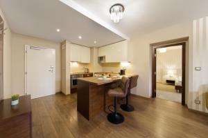 a kitchen with a island in the middle of a room at Pilsner Apartments - U Borského parku in Plzeň