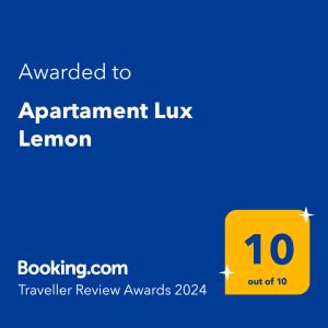 Apartament Lux Lemon tesisinde sergilenen bir sertifika, ödül, işaret veya başka bir belge