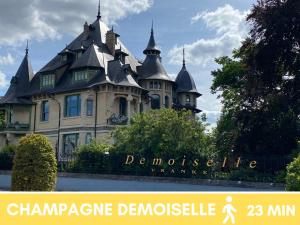a castle like building with the words champagne demoisellessteen at Le Forum - HYPER centre - PARKING in Reims