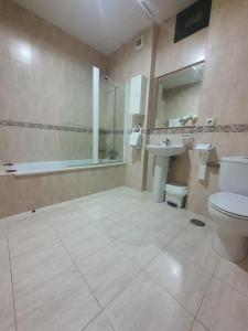 埃萊斯皮納爾的住宿－Hostal La Cigueña，浴室配有卫生间、淋浴和盥洗盆。