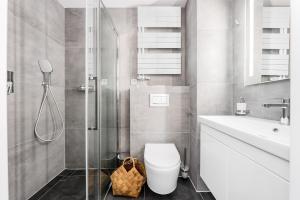 ein Bad mit einem WC, einem Waschbecken und einer Dusche in der Unterkunft Roubenka "Tam kde lišky dávají dobrou noc" in Černý Důl