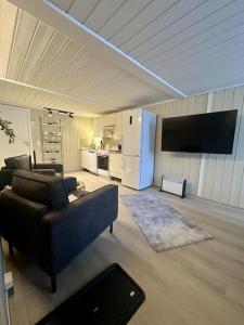 a living room with a couch and a tv at studio apartment with parking in Lillehammer