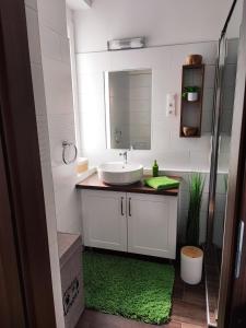 a bathroom with a sink and a mirror at Marianna Apartman Kaposvár in Kaposvár