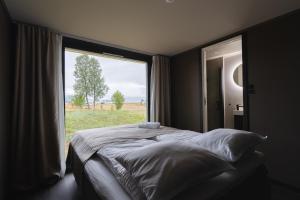 a bedroom with a bed and a large window at Aera - Glass cabins in Tromsø