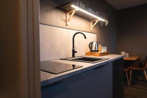 a kitchen with a sink and a counter top at Aera - Glass cabins in Tromsø